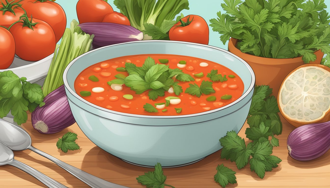 A bowl of gazpacho surrounded by fresh vegetables and herbs, with a measuring cup next to it to indicate portion size for a diabetic