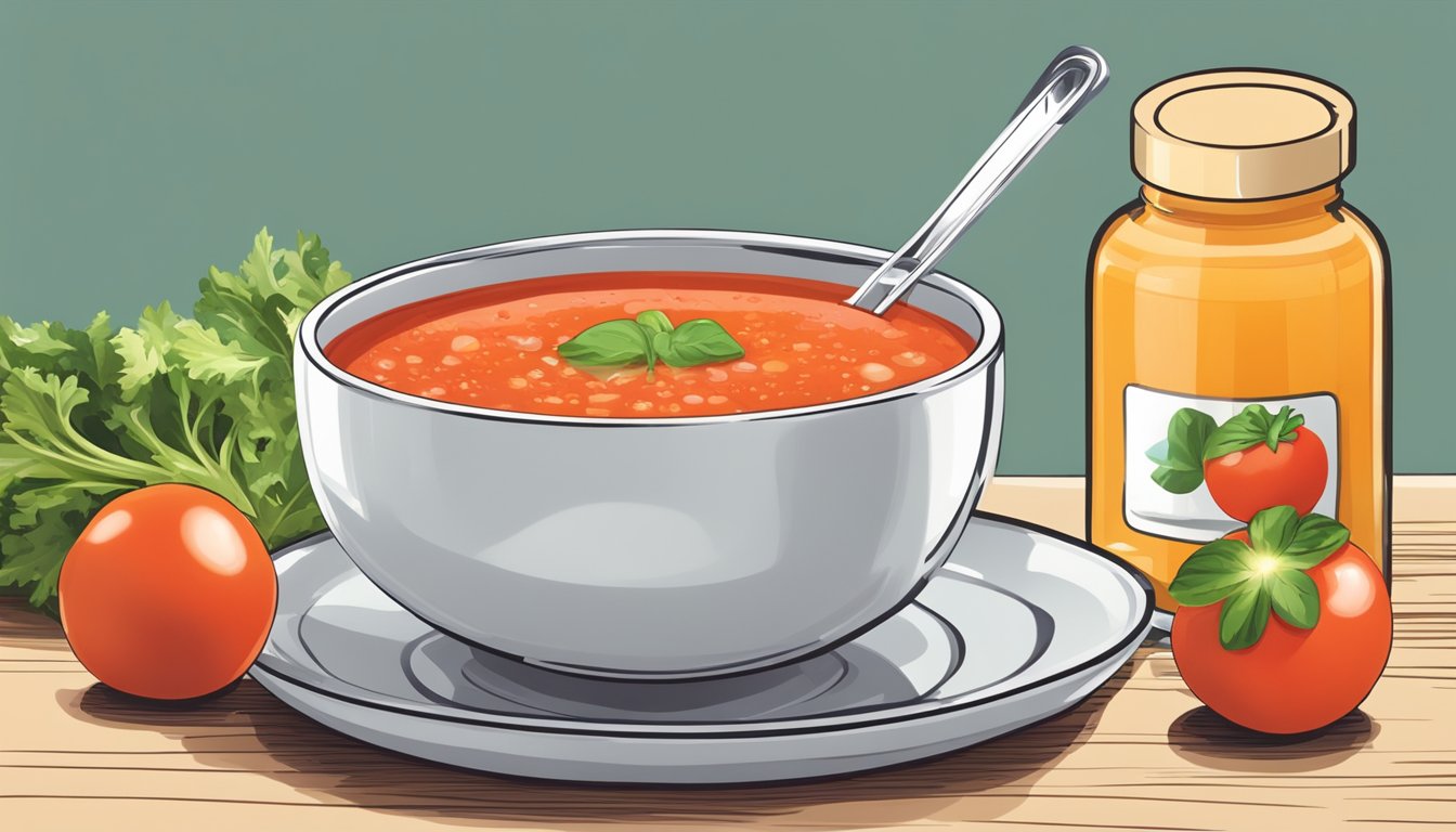 A bowl of gazpacho with a measuring cup next to it, indicating portion control for diabetic nutrition