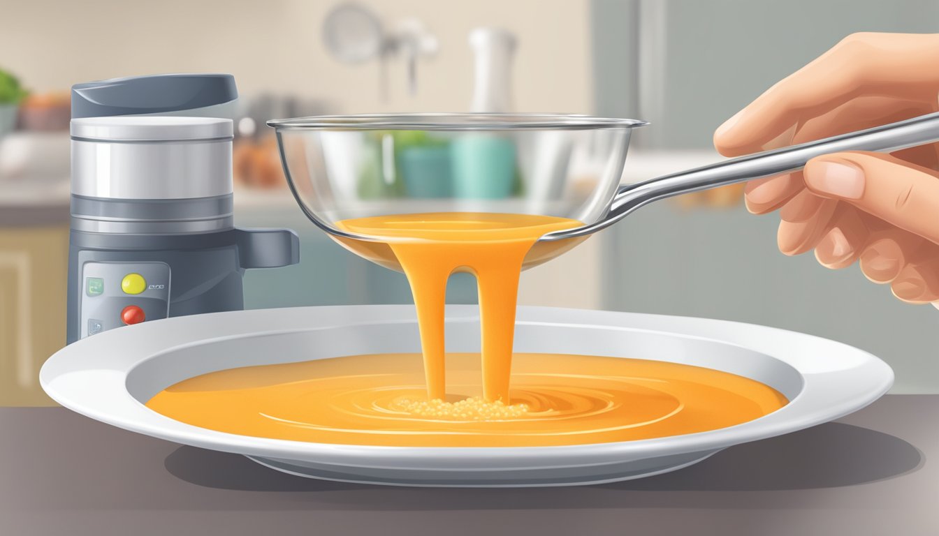 A diabetic measuring out a portion of carrot soup with a measuring cup