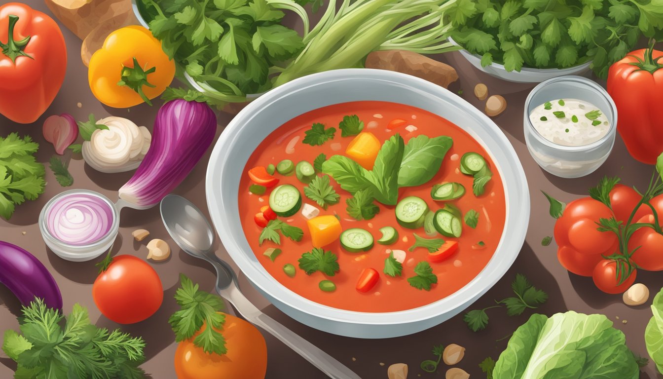 A bowl of gazpacho surrounded by a variety of fresh vegetables and herbs, with a measuring cup nearby