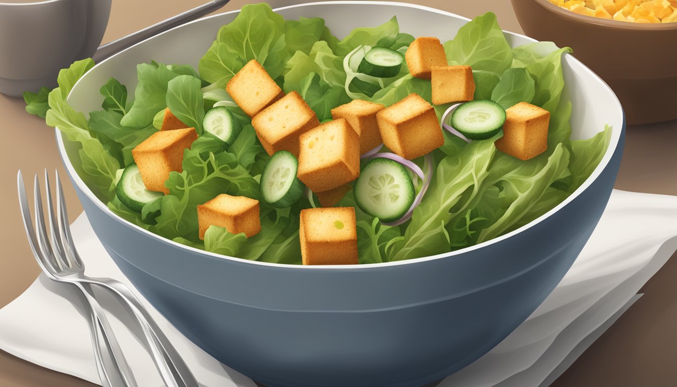 A bowl of salad with croutons, a portion of croutons separated to indicate serving size for diabetics