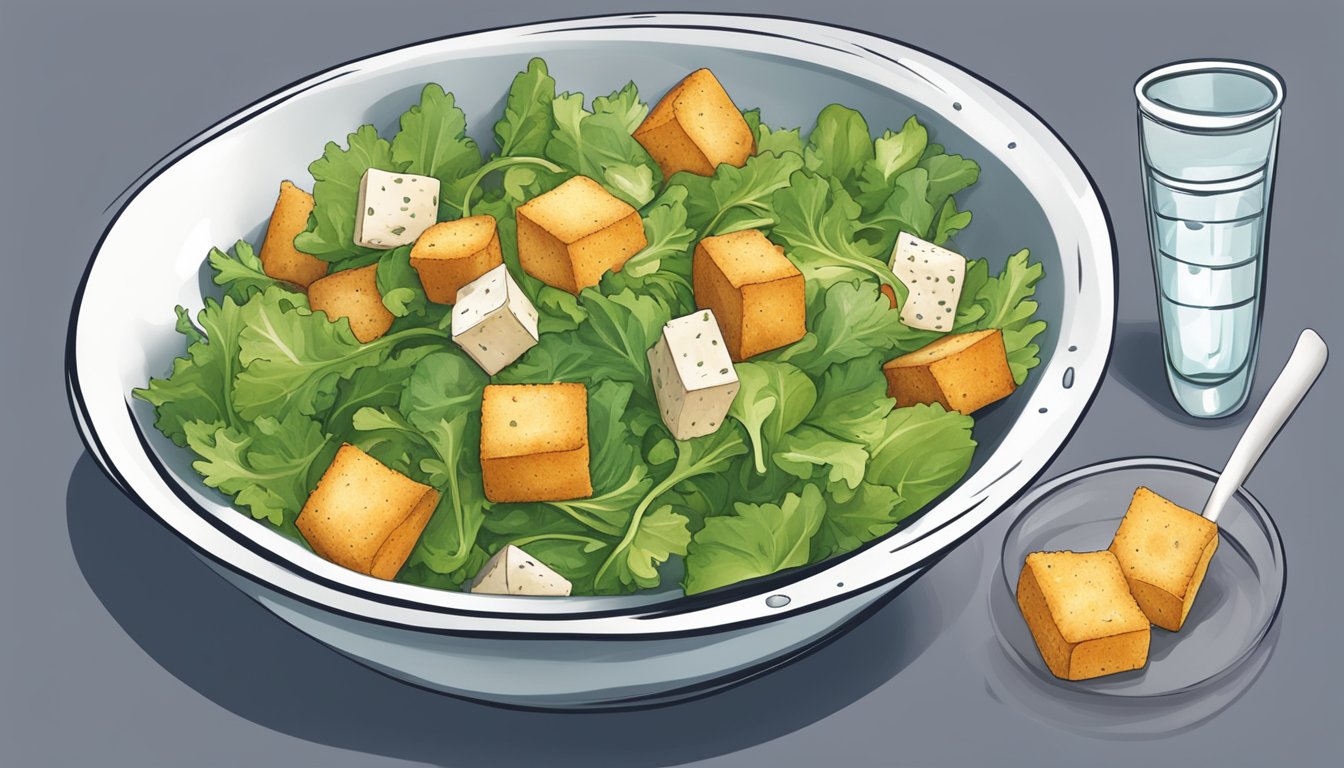 A bowl of salad with a few croutons sprinkled on top, alongside a measuring cup to indicate portion size