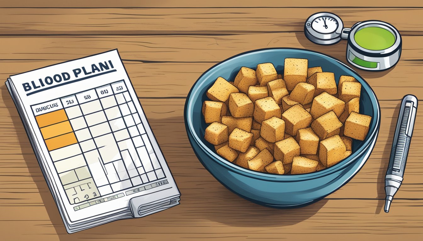 A bowl of croutons with a blood glucose meter and a diabetic meal plan chart