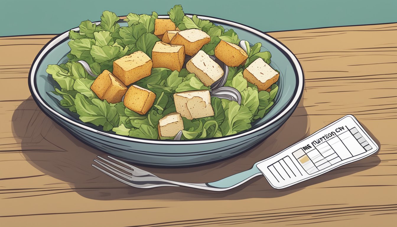 A plate with a serving of salad and a small pile of croutons next to a measuring cup and a nutrition label showing the carb content