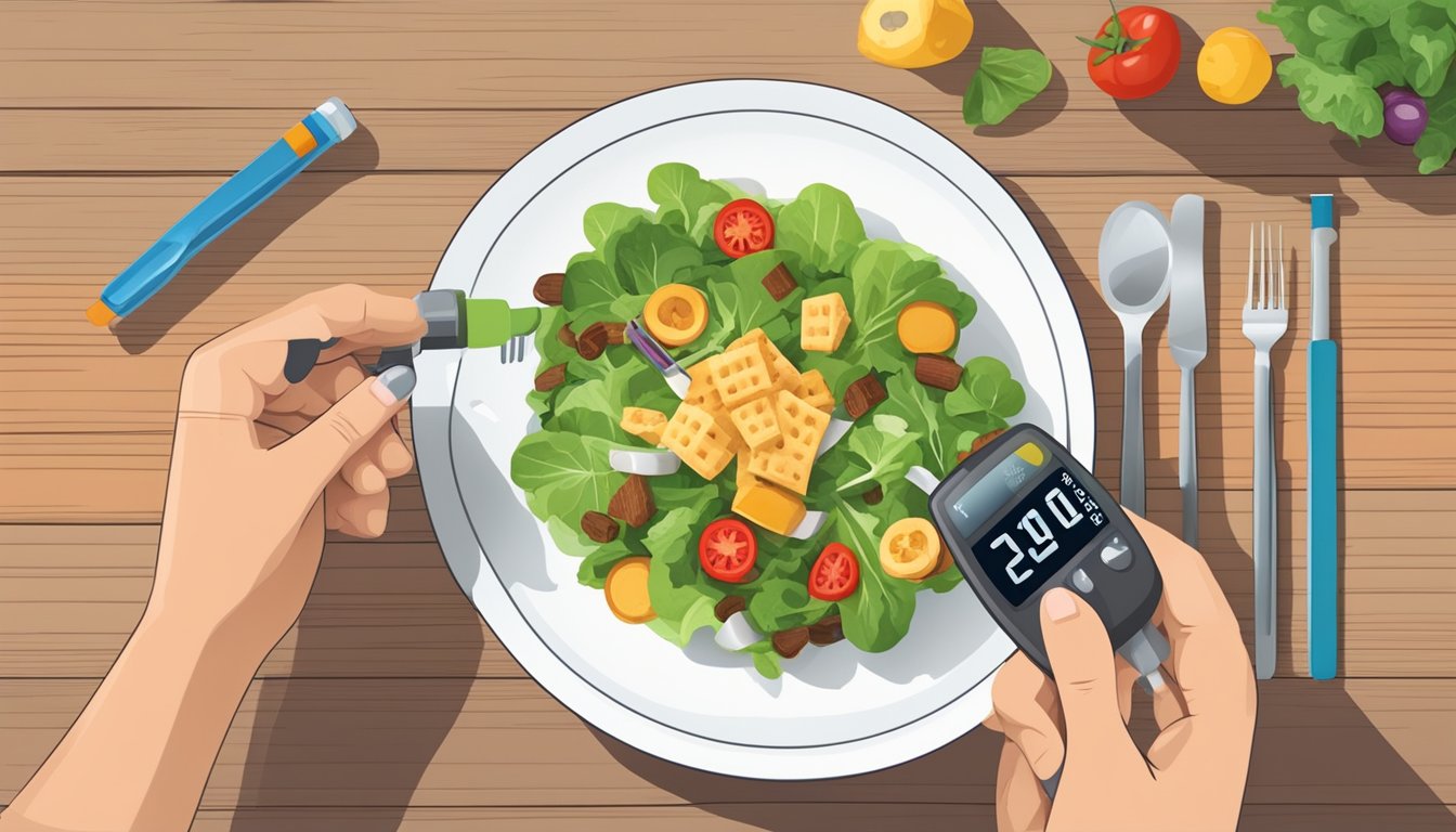 A plate with a salad, a measuring cup filled with croutons, and a hand holding a blood glucose monitor