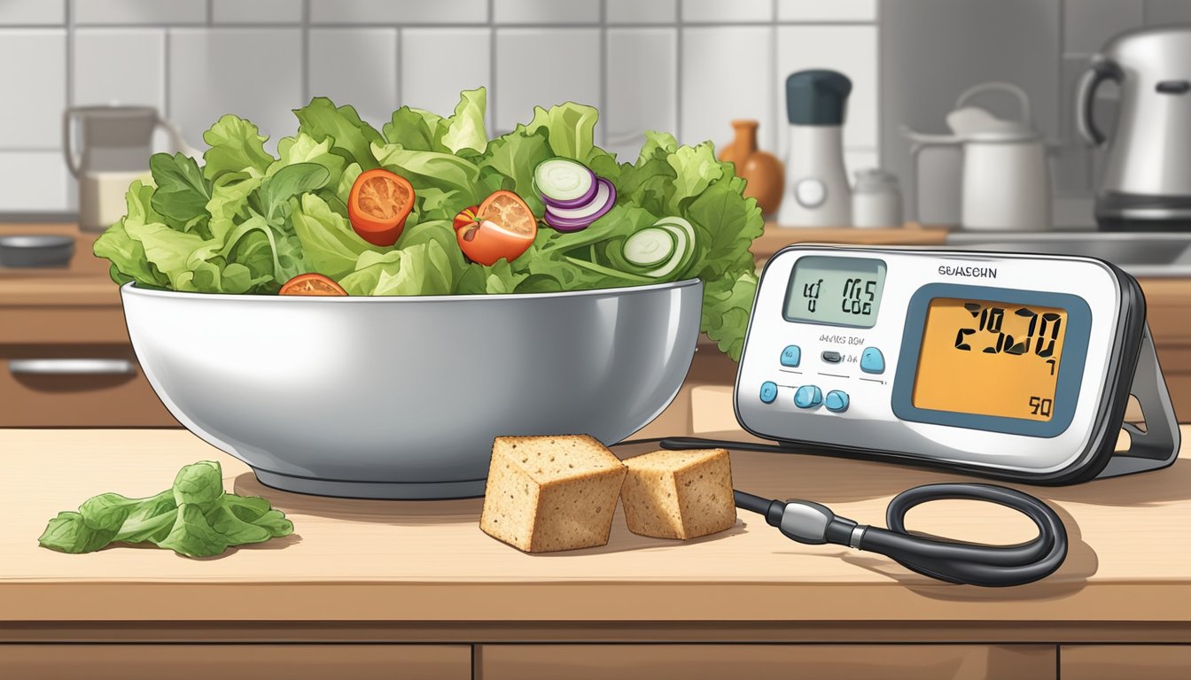 A bowl of salad with croutons, a measuring cup, and a diabetic blood sugar monitor on a kitchen counter