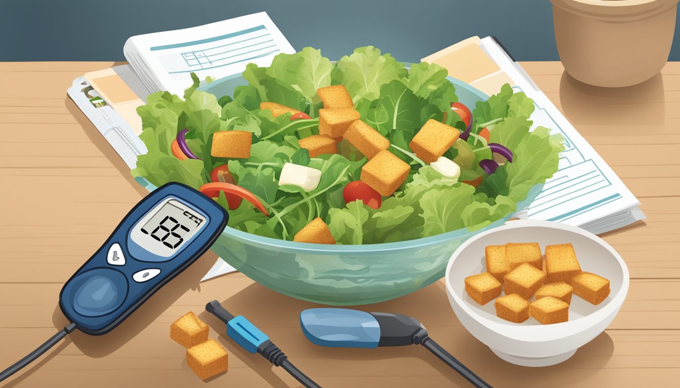 A bowl of salad with a few croutons on top, a glucometer, and a diabetes education pamphlet on a table