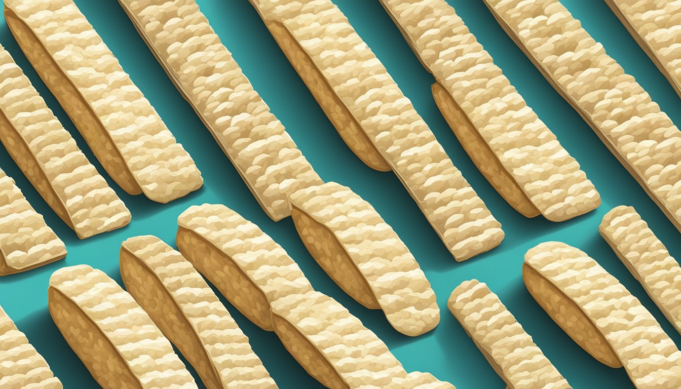 A variety of rice thins arranged in rows on a table, with a measuring tool nearby for portion control