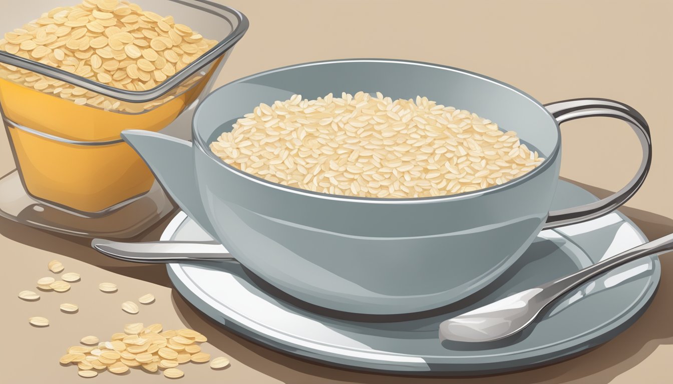 A plate with a serving of rice thins next to a measuring cup and a nutrition label