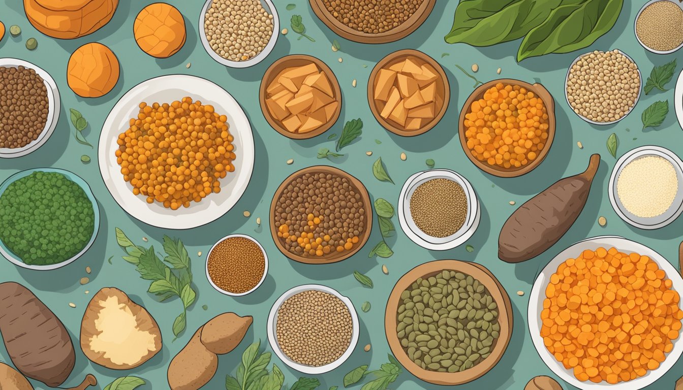 A person with diabetes surrounded by various non-rice carbohydrate alternatives, such as sweet potatoes, quinoa, and lentils