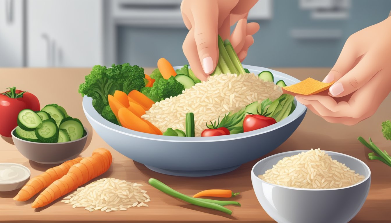 A diabetic hand reaches for a measured portion of rice thins from a bowl on a kitchen counter, surrounded by fresh vegetables and a balanced meal