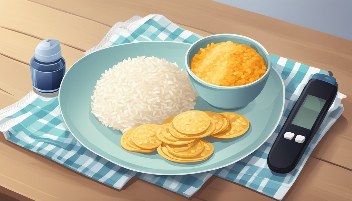 A plate of rice thins with a measuring cup and a blood glucose monitor on a table