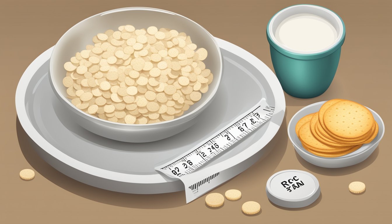 A plate with a pile of rice crackers next to a measuring cup and a nutrition label