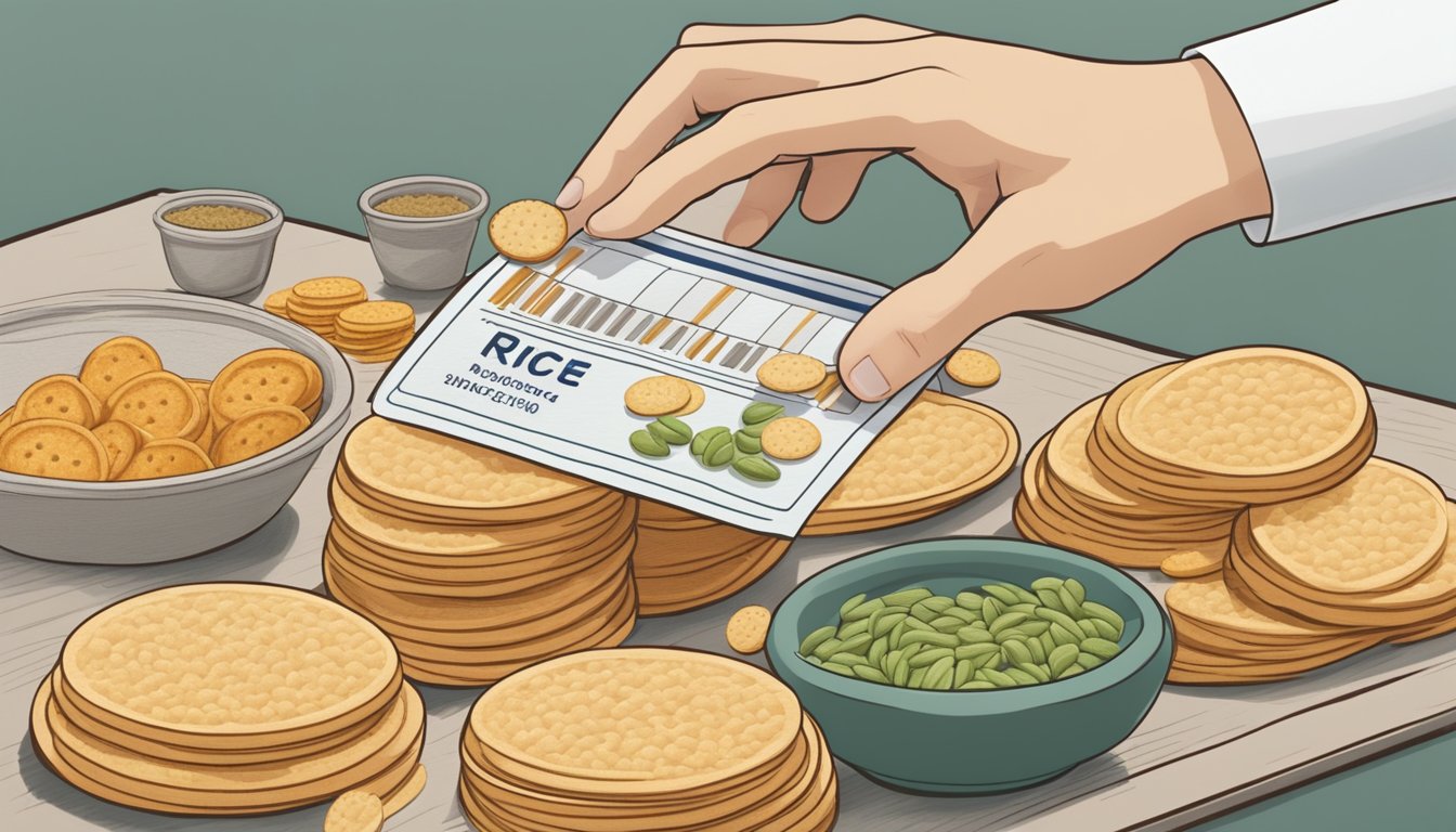 A hand reaching for a variety of rice crackers on a table, with a nutrition label and a diabetic-friendly symbol displayed prominently