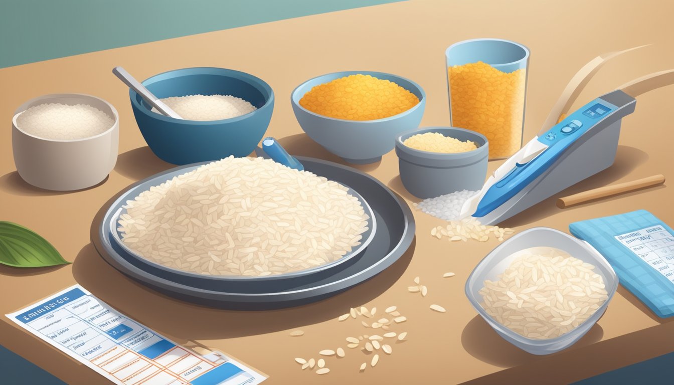 A diabetic carefully counting rice thins on a plate, with a nutrition label and measuring tools nearby