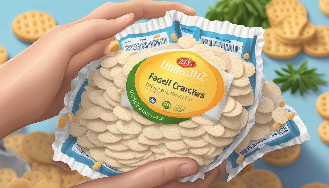 A hand holding a nutrition label next to a pile of rice crackers