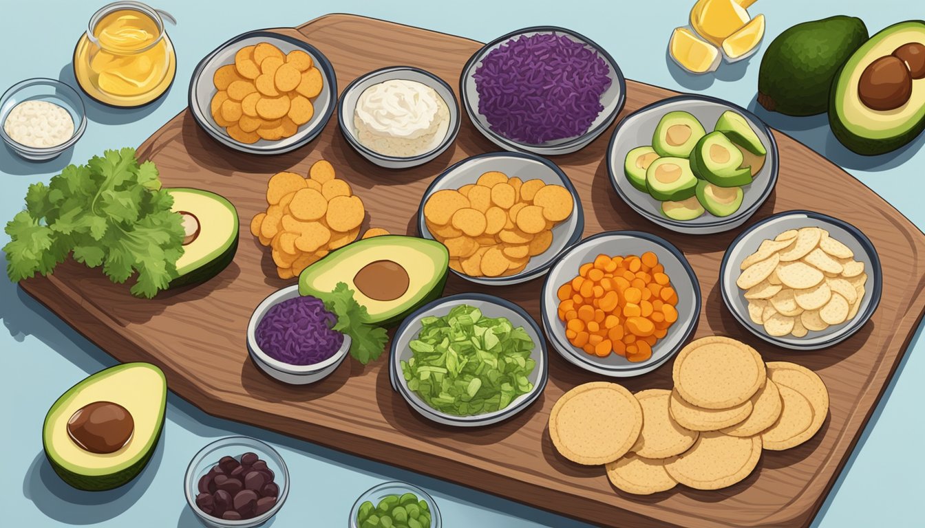 A plate of assorted rice crackers, with a variety of toppings such as hummus, avocado, and sliced vegetables, sits on a wooden cutting board