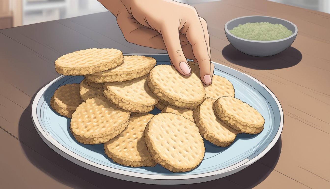 A diabetic hand reaches for a portion of rice crackers on a plate, while a nutrition label is visible in the background