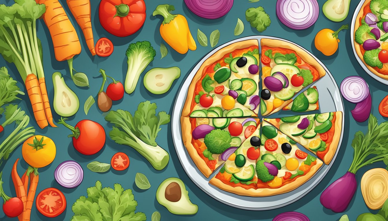 A plate of vegetable pizza with a portion cut out, surrounded by a variety of colorful vegetables