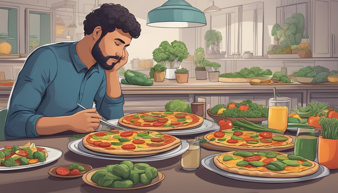 A diabetic sits at a table with a variety of vegetable pizzas in front of them, contemplating portion sizes