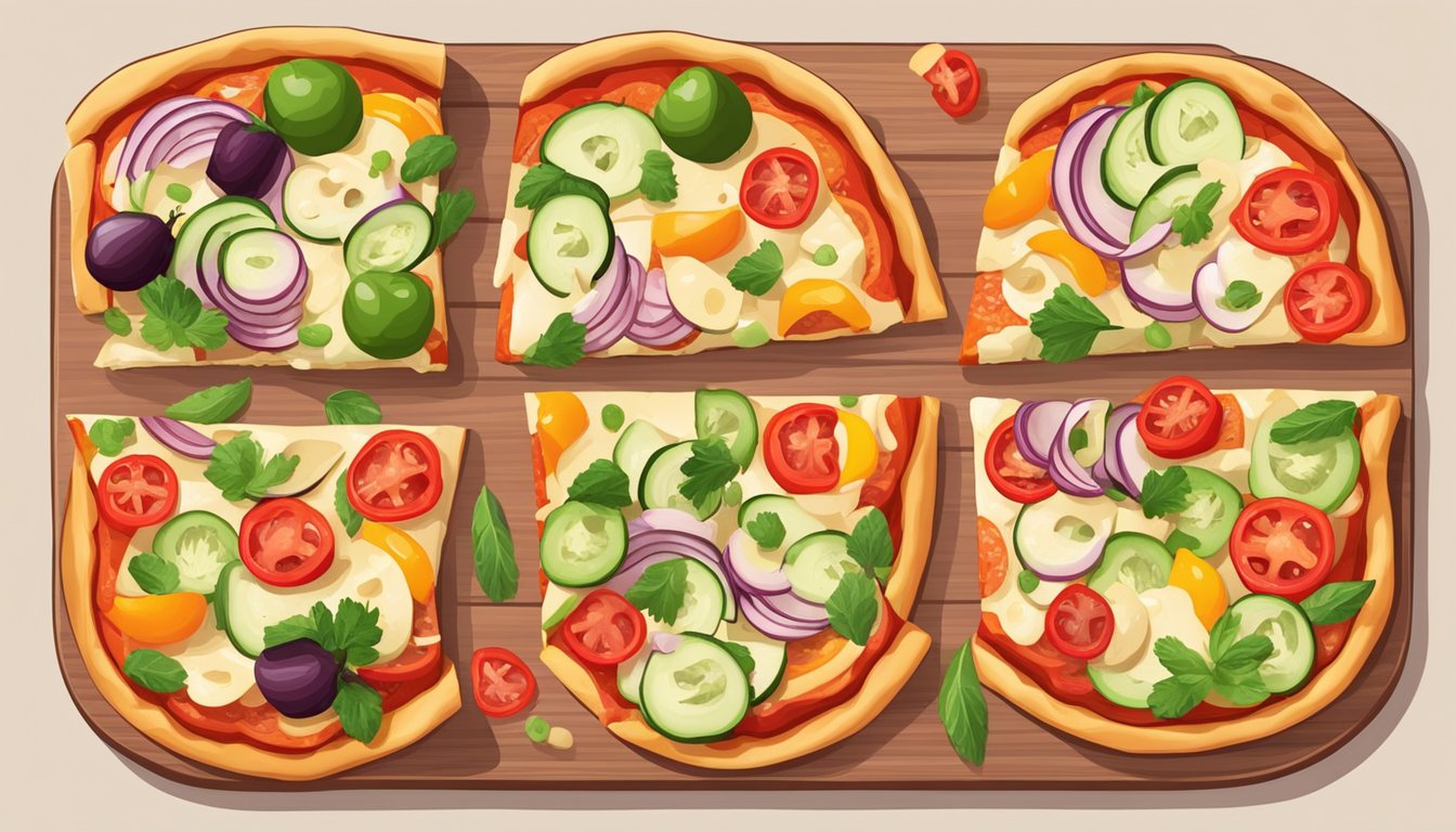 A diabetic-friendly pizza with a variety of colorful vegetables, sliced into portions on a cutting board