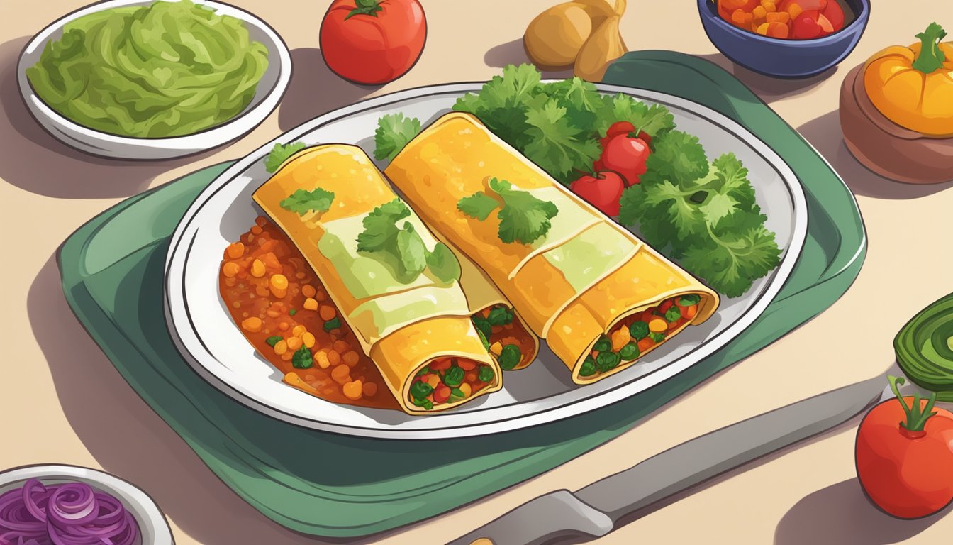 A plate of colorful vegetable enchiladas, with a variety of fresh veggies and a small portion size, sits on a table