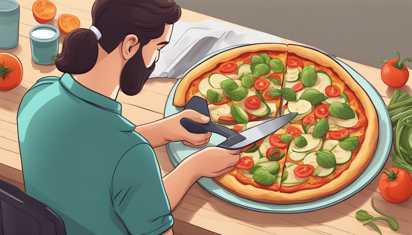 A diabetic carefully cutting a slice of vegetable pizza and checking portion size