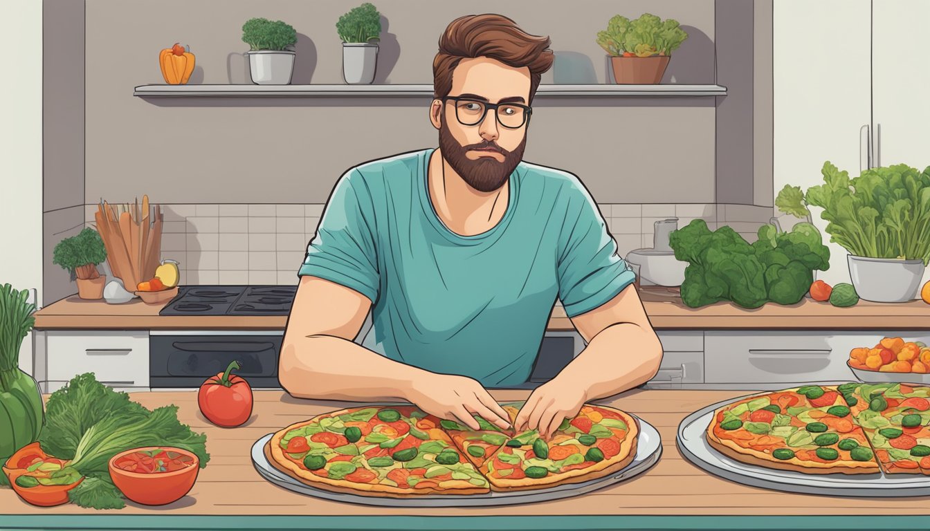 A diabetic sits at a table with a colorful array of vegetable pizza slices in front of them, contemplating portion size