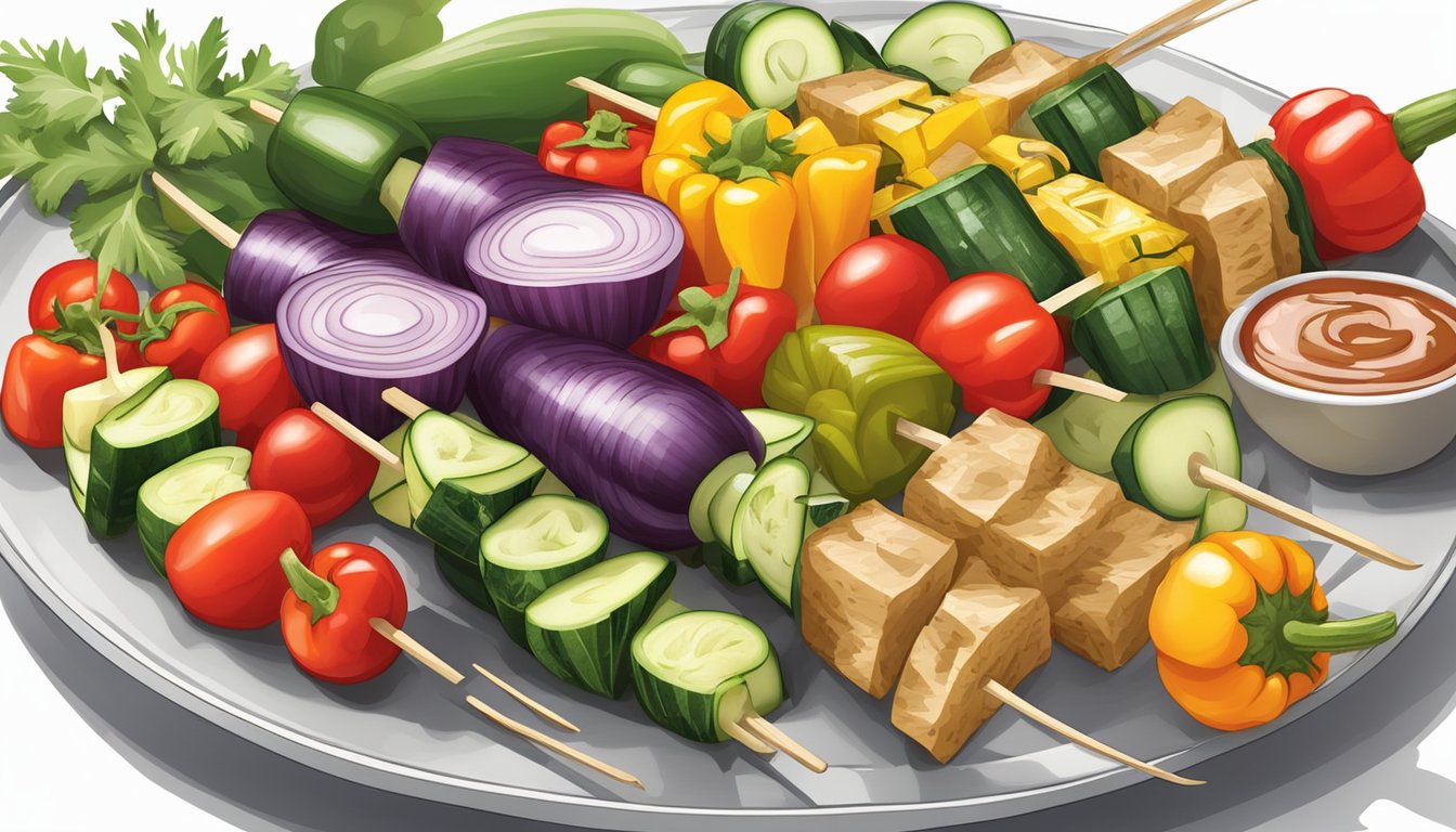 A plate with a variety of colorful vegetable kabobs, including bell peppers, onions, zucchini, and cherry tomatoes, arranged in an appealing manner