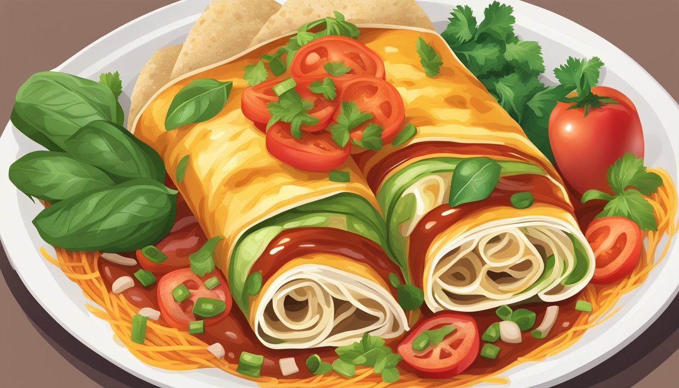 A plate of colorful vegetable enchiladas with a variety of vegetables such as bell peppers, onions, and spinach, topped with a flavorful tomato-based sauce