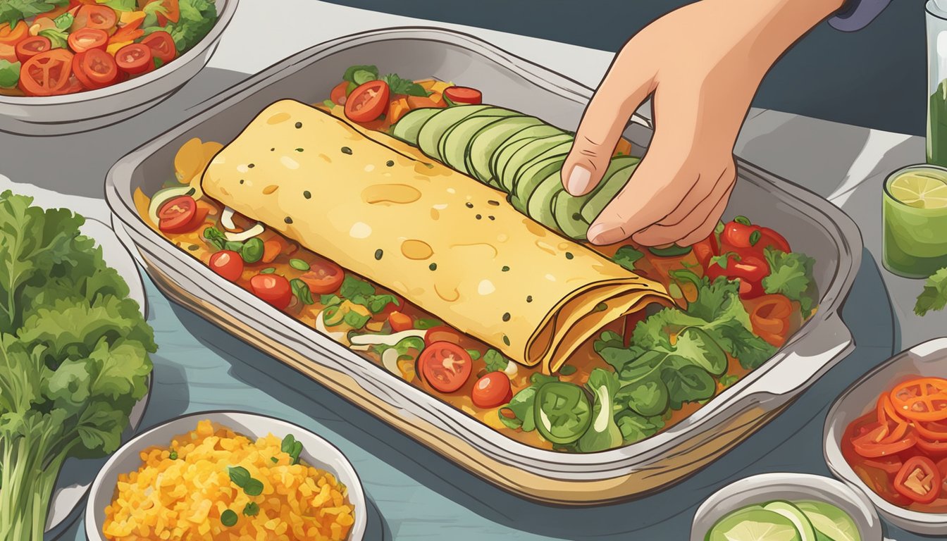 A person with diabetes carefully portioning out a serving of vegetable enchiladas onto a plate, surrounded by colorful and fresh ingredients