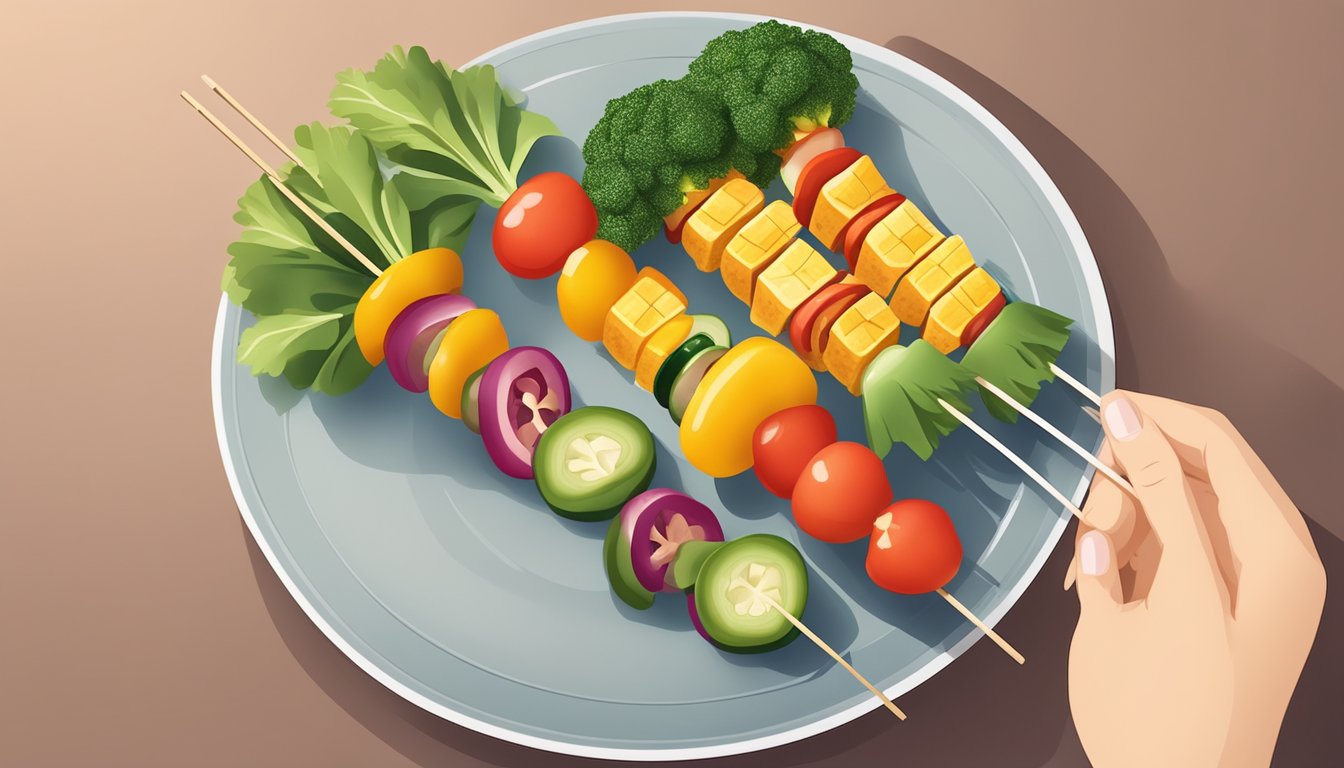 A diabetic holding a plate of vegetable kabobs, with a portion size recommended by a nutritionist