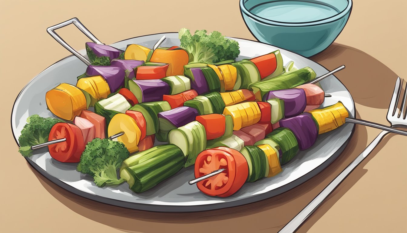 A plate of assorted vegetable kabobs with a measuring cup next to it