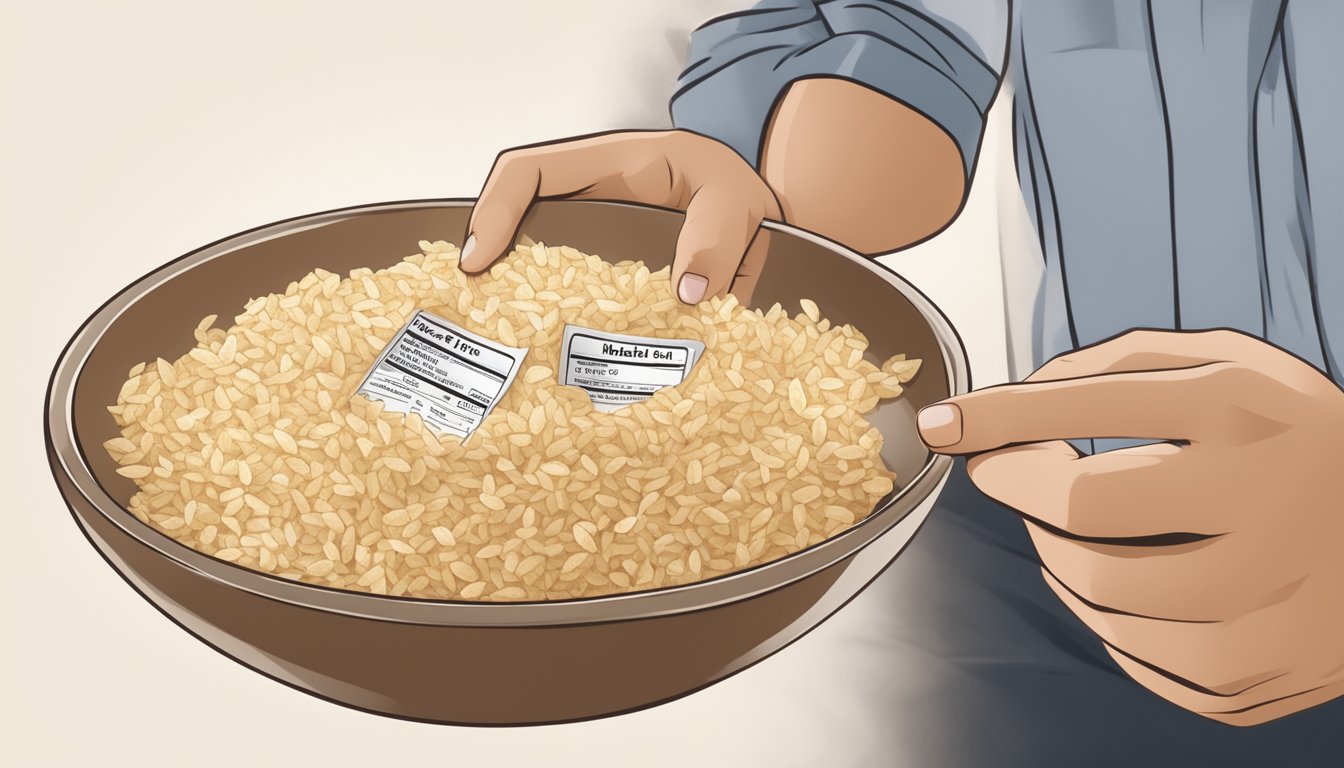 A diabetic person holding a small bowl of rice chips, with a nutrition label in the background