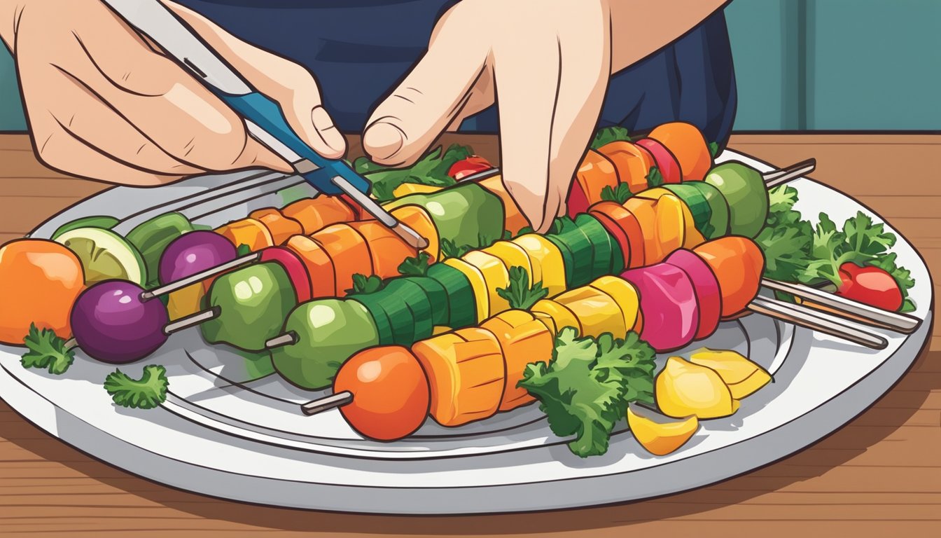 A diabetic carefully measuring and portioning out a plate of colorful vegetable kabobs