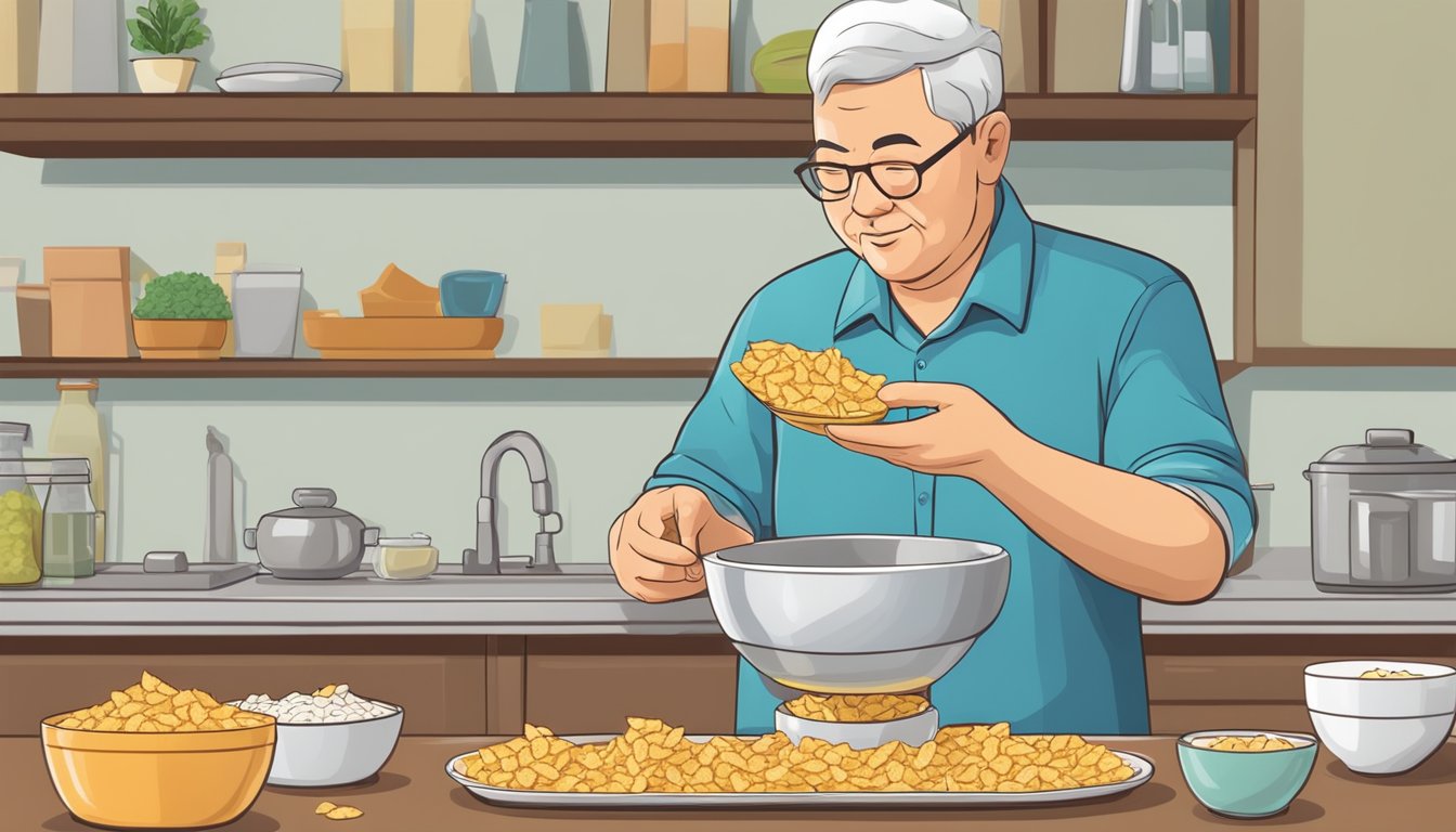 A diabetic examines a bowl of rice chips, counting them carefully before making a decision on how many to eat