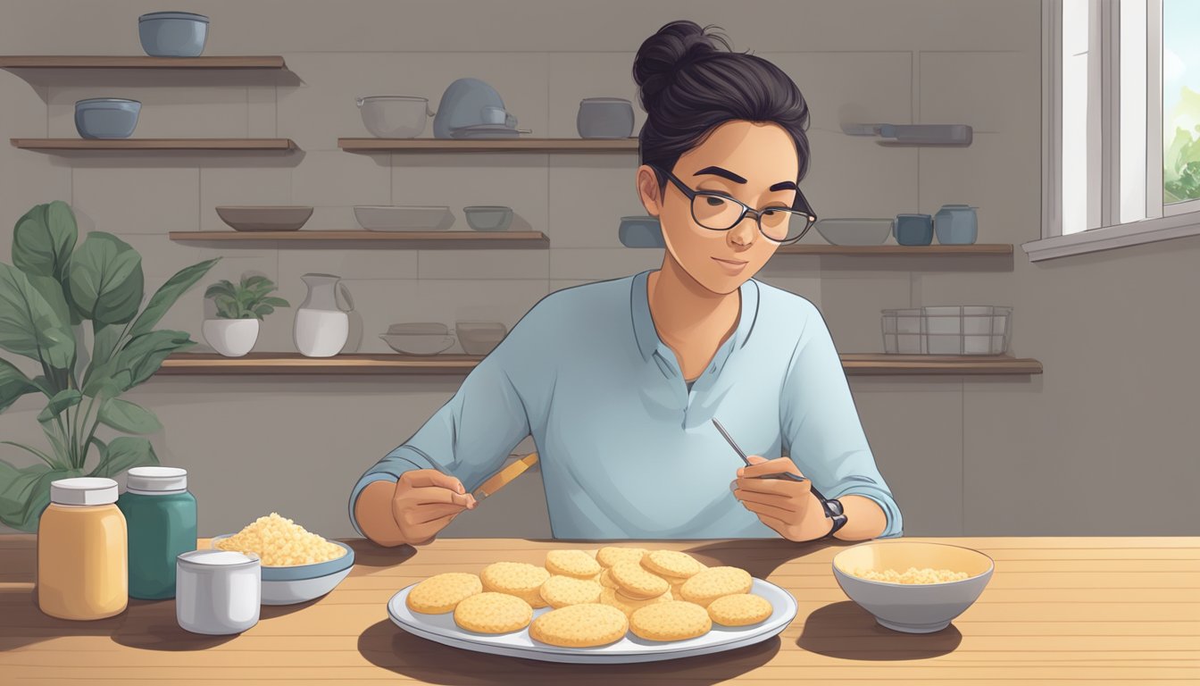 A diabetic person sitting at a table with a plate of rice cakes and a measuring tool, contemplating portion size