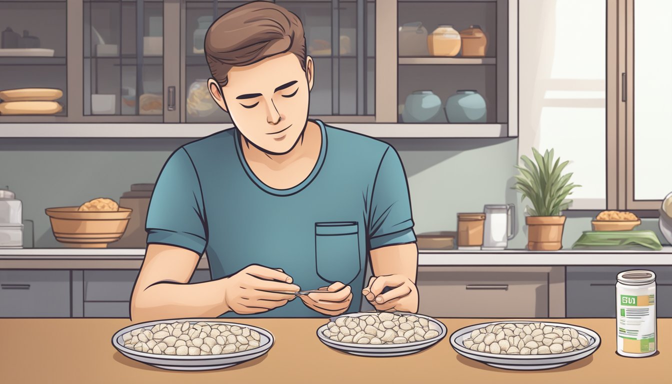 A diabetic person carefully counting out rice cakes on a plate, with a nutritional label in the background