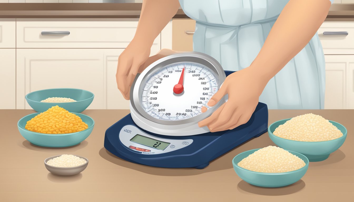 A diabetic measuring out rice cakes on a kitchen scale