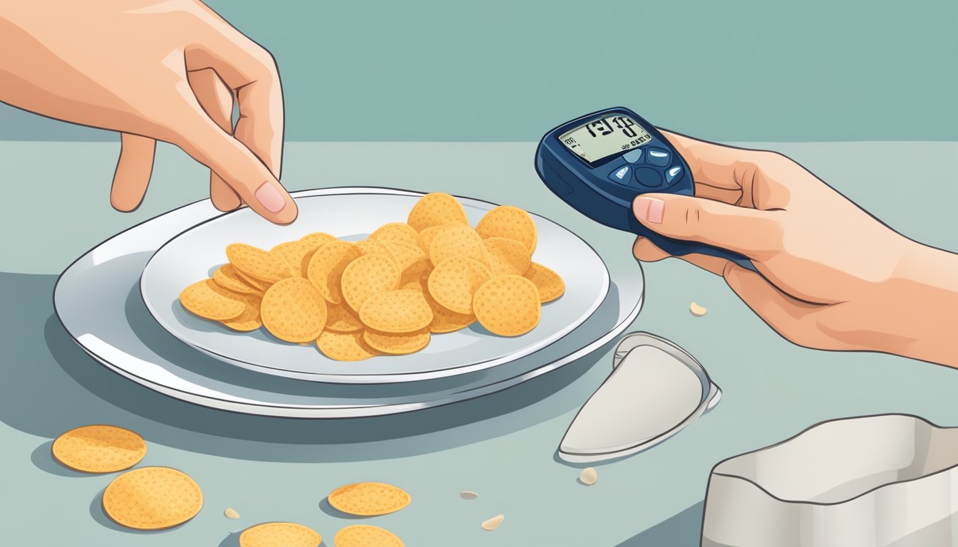 A diabetic hand reaches for a small portion of rice chips on a plate, while a blood glucose monitor sits nearby