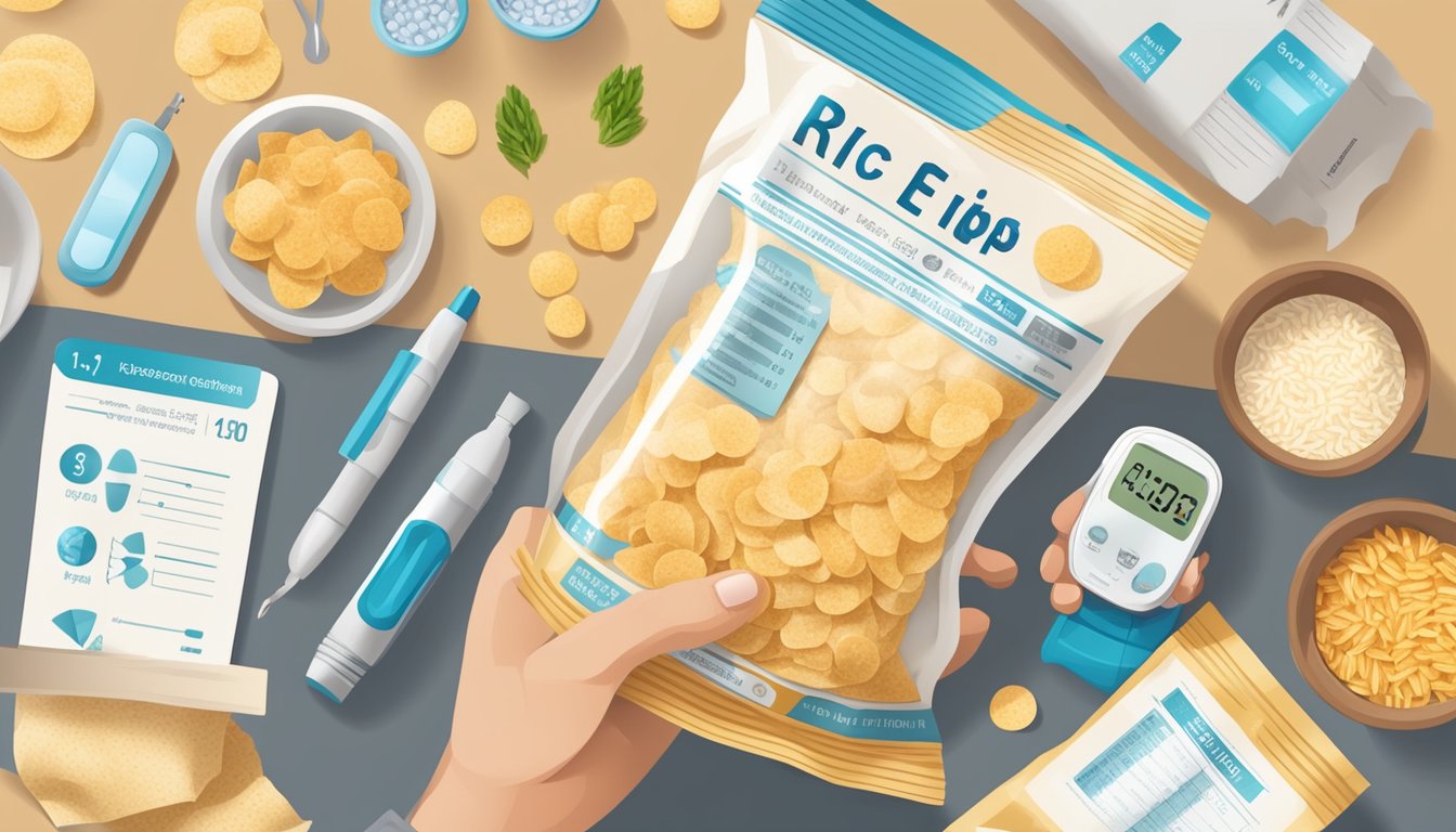 A person holding a bag of rice chips, surrounded by various nutritional information and a blood glucose monitor