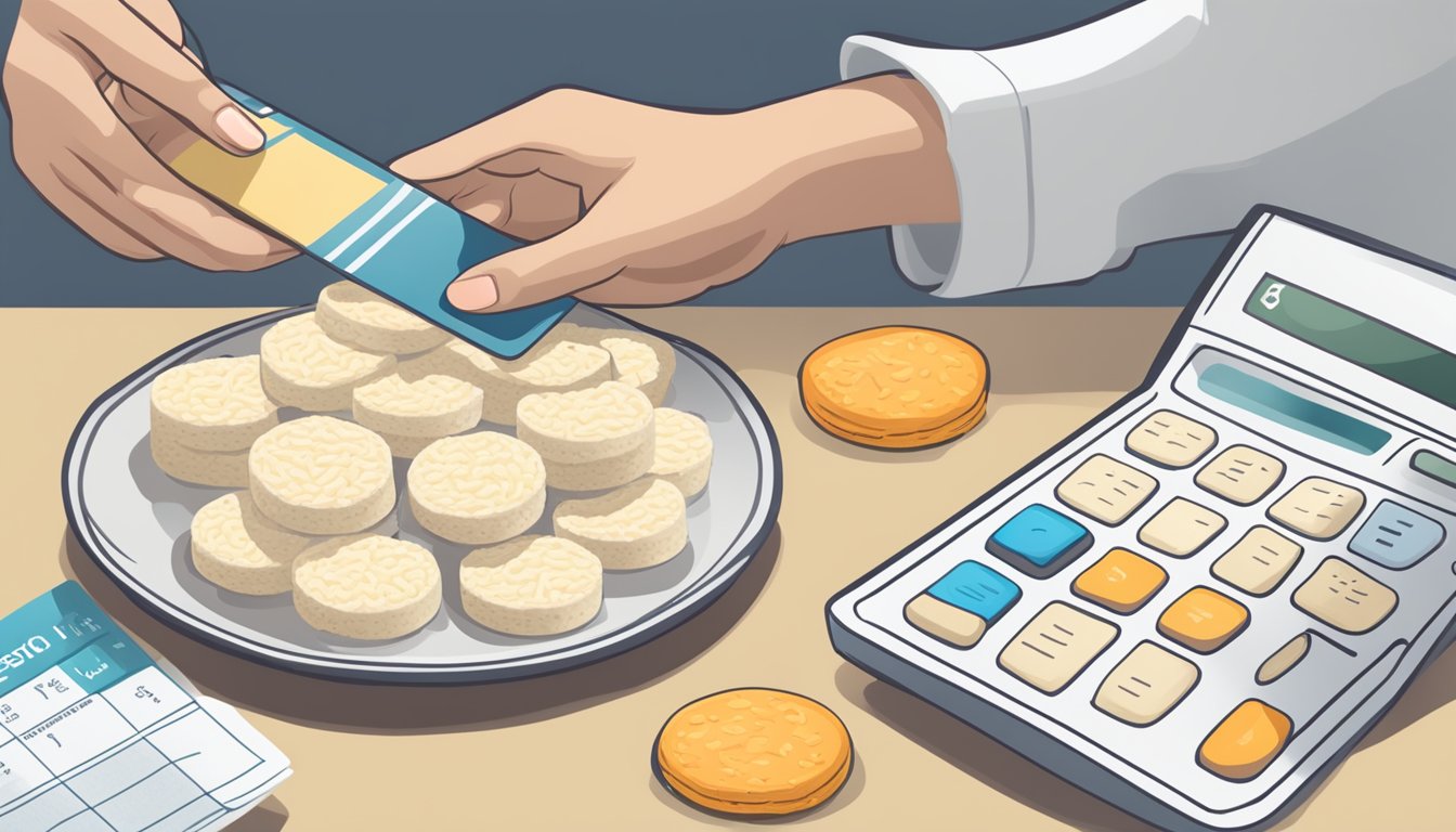 A table with a plate of rice cakes, a nutrition label, and a person holding a calculator