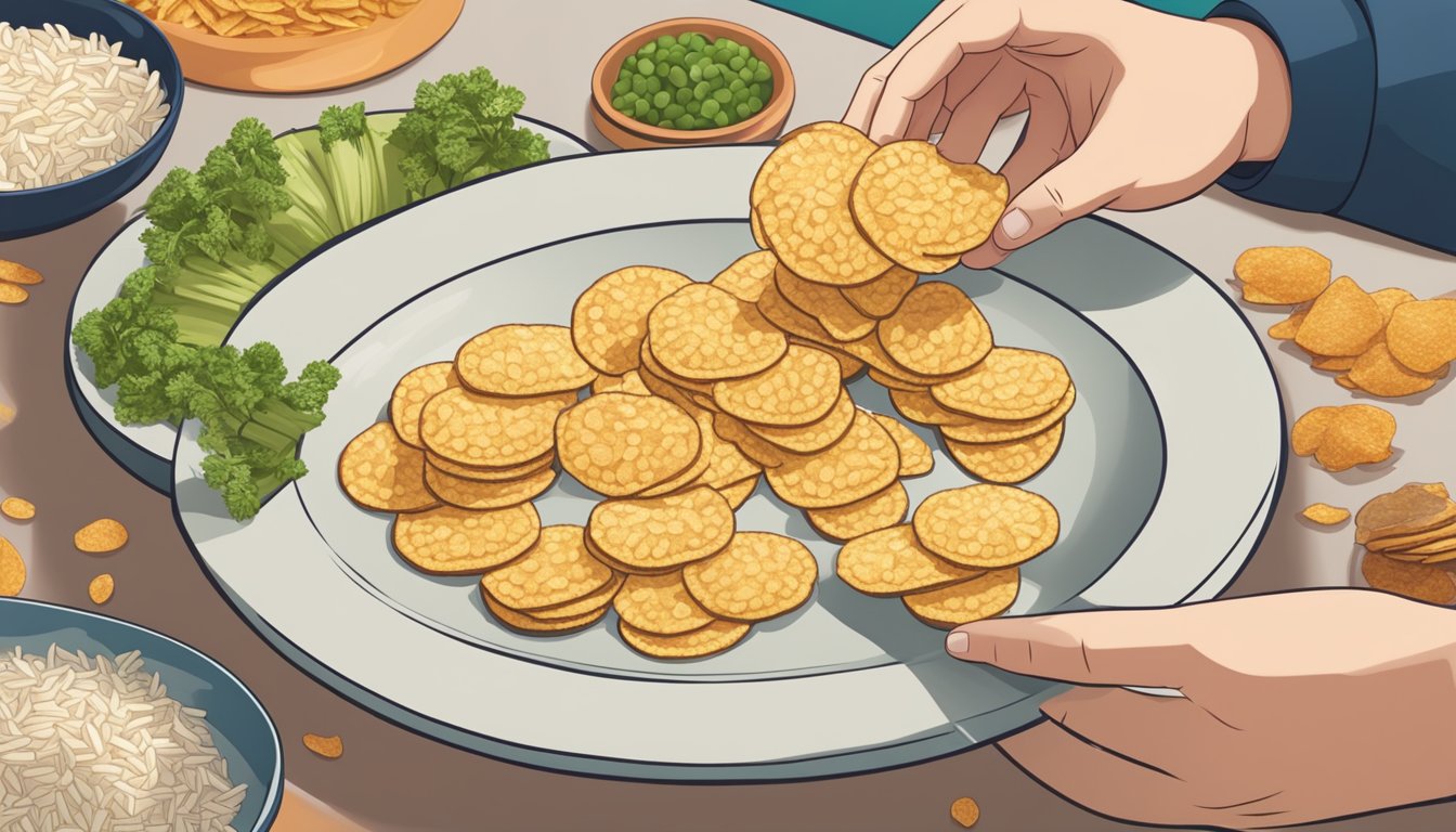 A person with diabetes carefully measures out a portion of rice chips onto a plate, alongside a selection of other healthier chip alternatives