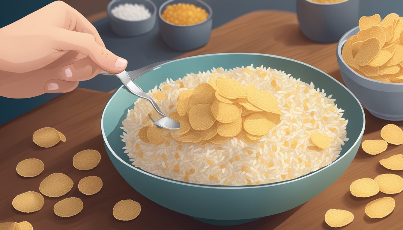 A diabetic hand reaching for a small handful of rice chips from a bowl on a table, with a measuring cup nearby