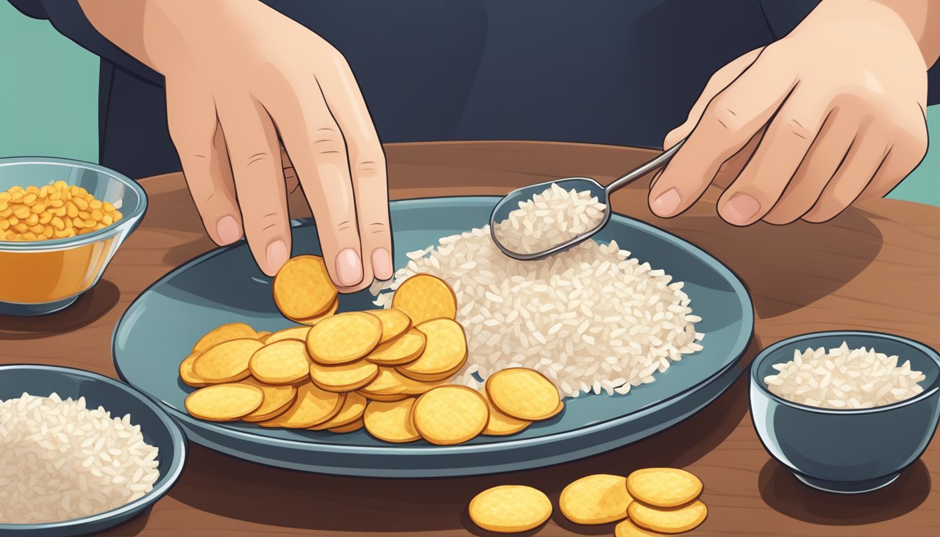 A diabetic person carefully counting out a portion of rice chips onto a plate for a snack