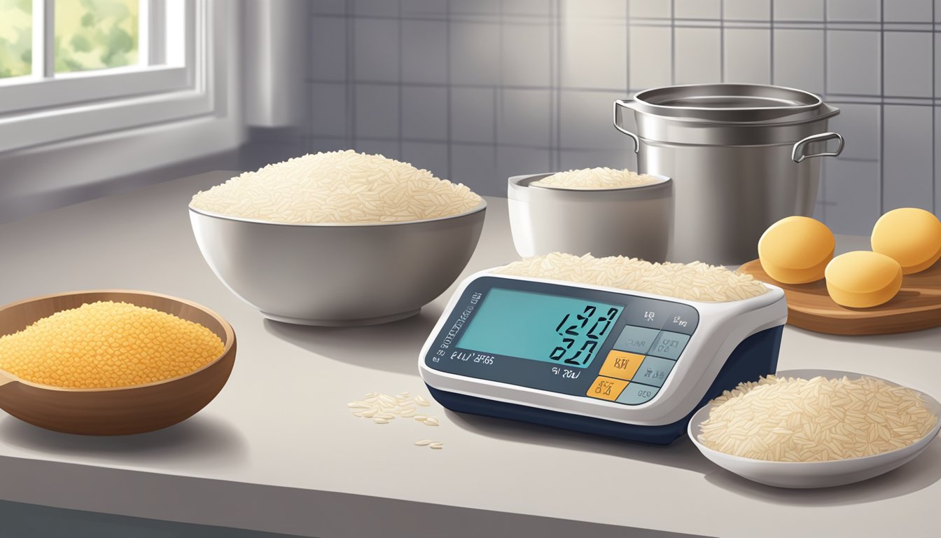 A diabetic measuring rice puffs with a measuring cup on a kitchen counter