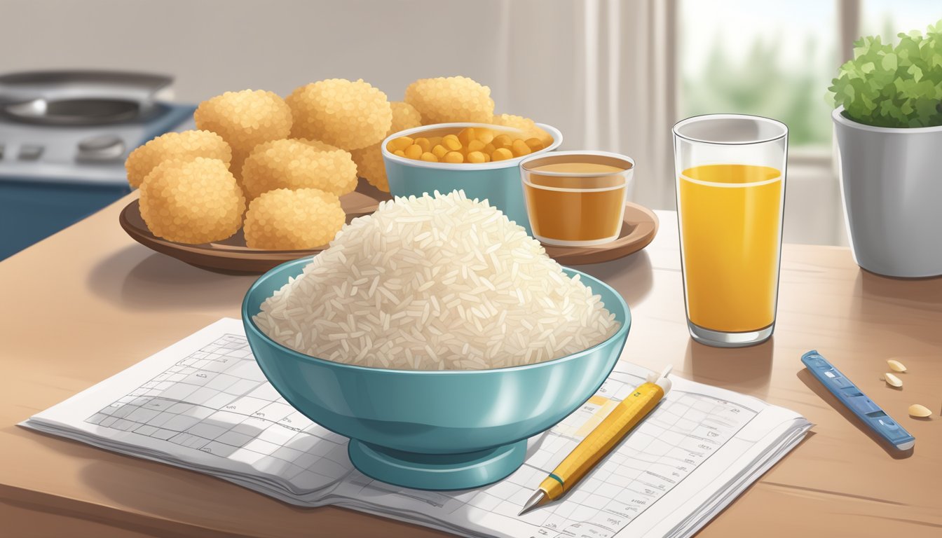 A bowl of rice puffs with a measuring cup and a diabetes-friendly food guide on the table