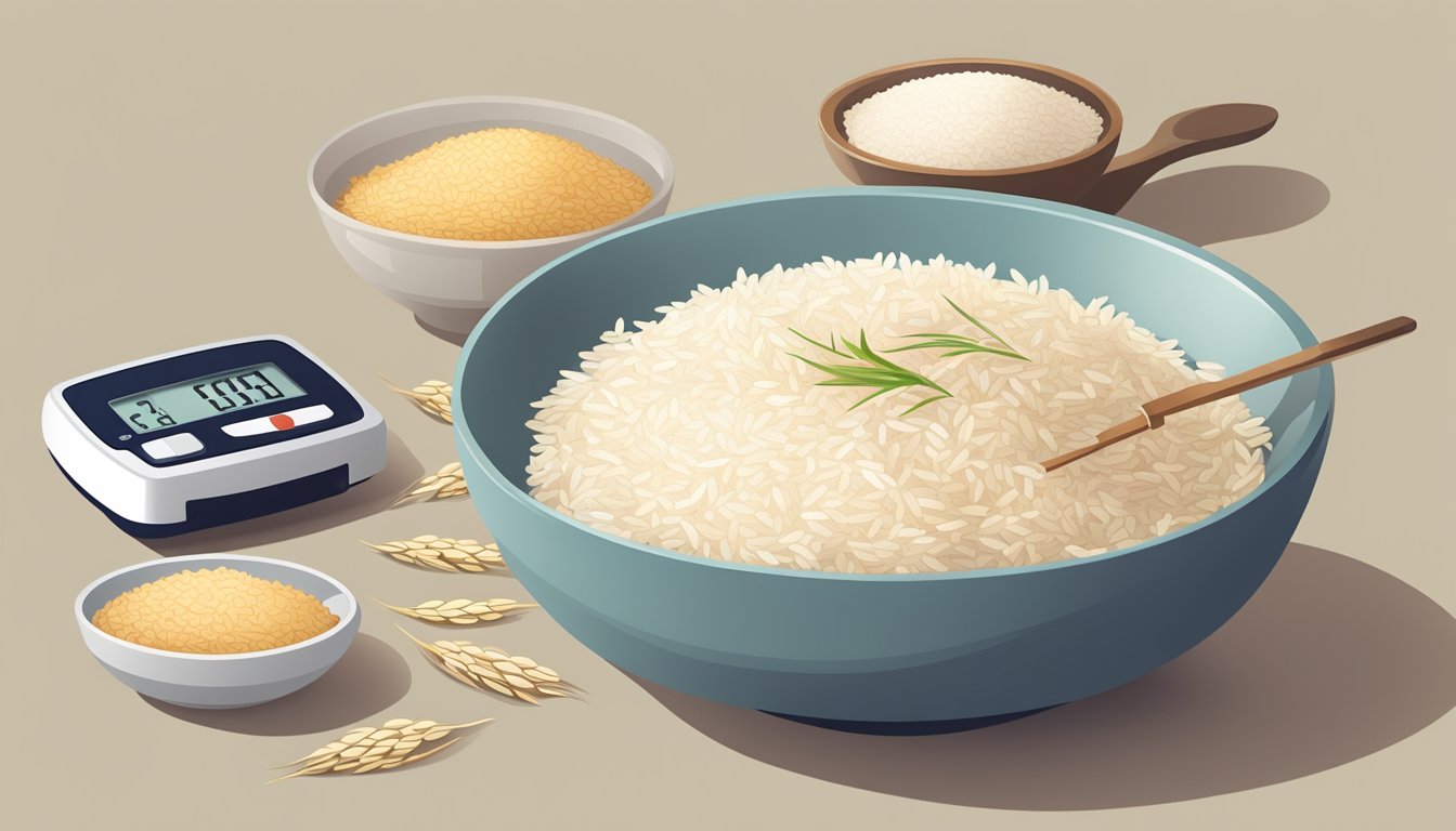 A bowl of various rice varieties with a measuring cup and a blood sugar monitor next to it