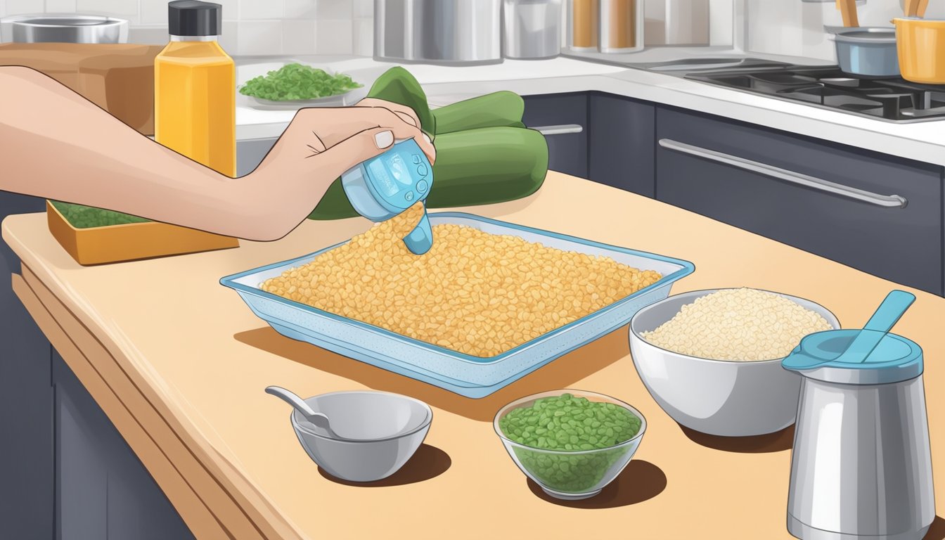 A diabetic person measuring out a portion of rice snacks with a measuring cup on a kitchen counter