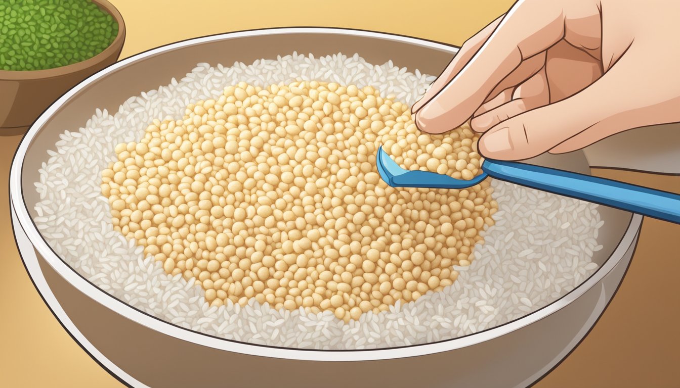 A diabetic measures rice puffs into a bowl for portion control